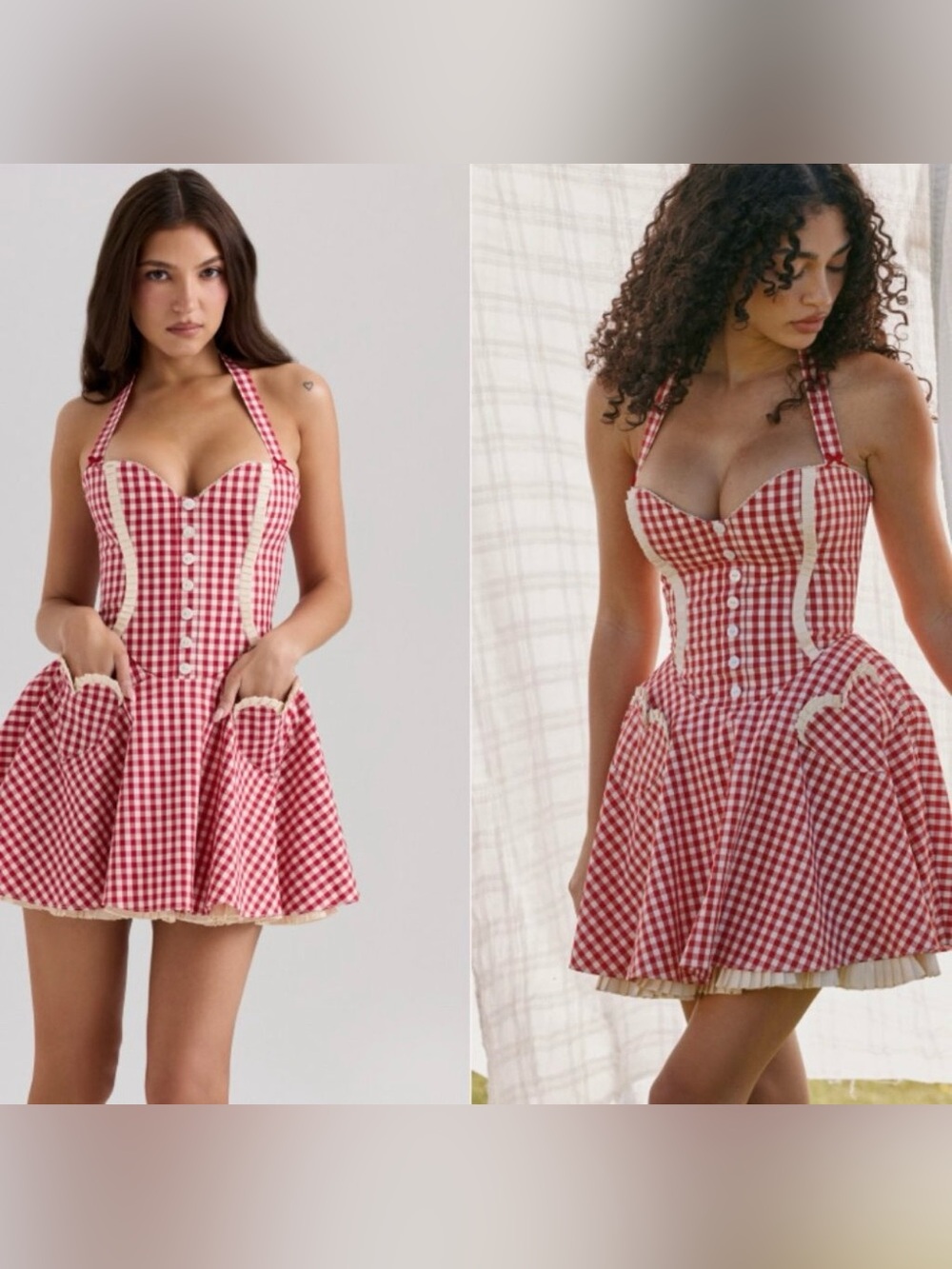 House of CB 'Heidi' Red Gingham Halter Mini Dress size L reg cup size - Picture 2 of 11
